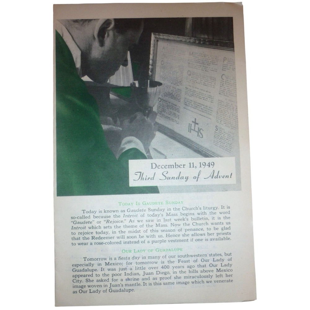 1949 Vintage Catholic Church Bulletin Our Lady of Lourdes Parish Advent Ephemera